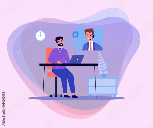 Man talking to web consultant vector illustration. Cartoon virtual assistant advising client via chat messenger app on laptop. Online customer support, artificial intelligence concept