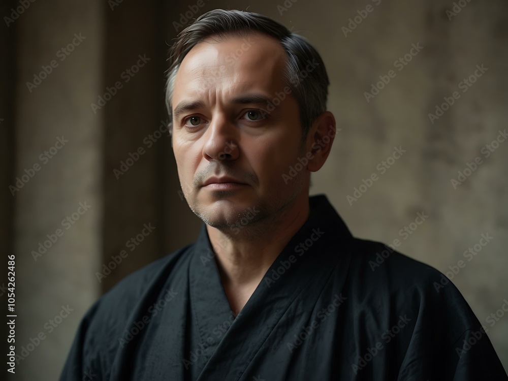 Fototapeta premium Man in a black robe gazing up, serious expression.