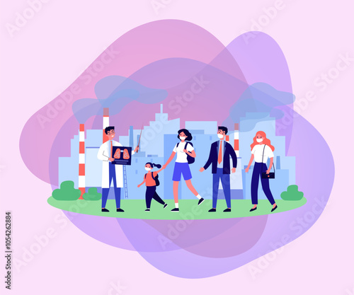 People in masks next to factory vector illustration. Doctor or scientist explaining how emissions harm lungs health to children and young people. Air pollution, health, poor ecology concept