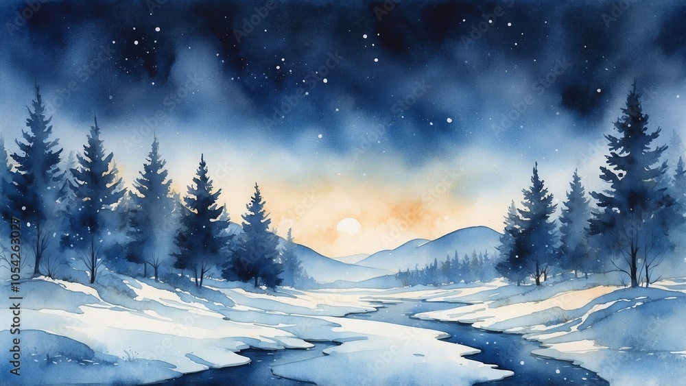 Fototapeta premium Winter Forest Landscape at Sunset with Snow and Stream