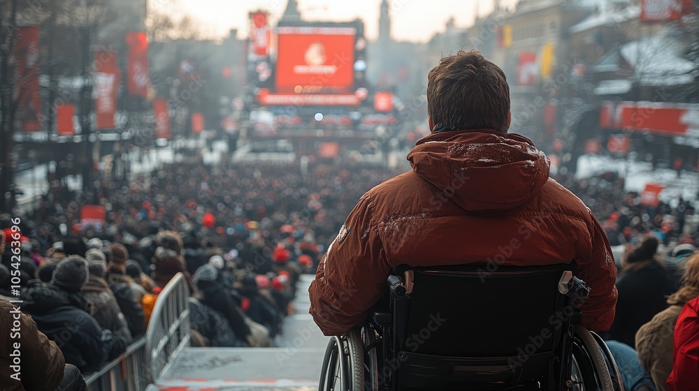 Naklejka premium Wheelchair user participates in a large political rally on a snowy day in the city square