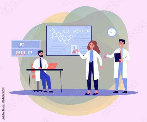 Scientists studying genetic sequencing vector illustration. Doctors discussing high-tech research methods in medicine, detection of rare diseases. Medicine, genetics concept