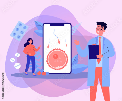 Smartphone screen with IVF scheme vector illustration. Scientist explaining to pregnant woman work of sperm-injecting robots in vitro fertilization. IVF replacement, artificial insemination concept
