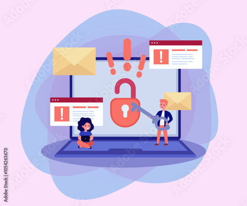 Teenage hackers attacking internet vector illustration. Cartoon drawing of tiny mischievous children threatening internet safety, boy with key unlocking big laptop. Cybersecurity, technology concept