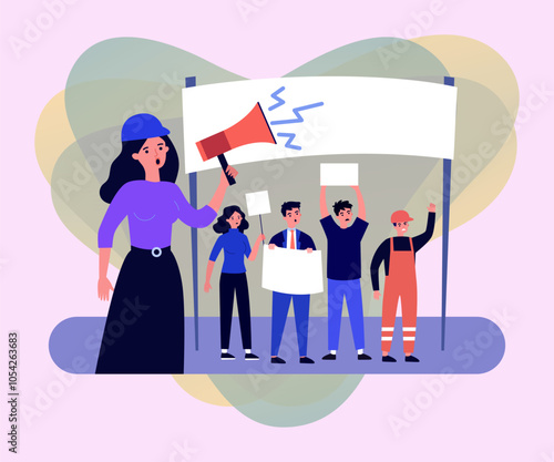 Workers on strike over payment and working conditions. People in uniforms protesting against unfair treatment, professional union vector illustration. Demonstration, labor, workforce concept