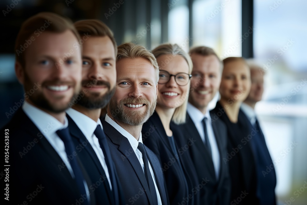 Professional Team of Smiling Men and Women in Business Attire Lined up Indoors at a Modern Office During the Day Professional Team of Smiling Men and Women in Business Attire Lined up Indoors at a Modern Office During the Day