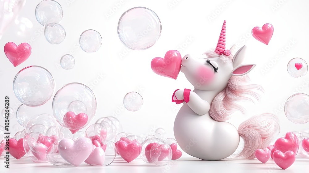 Enchanted Unicorn Amidst Floating Hearts and Bubbles Enchanted Unicorn Amidst Floating Hearts and Bubbles