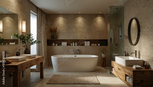 Modern bathroom with light beige walls and natural elements.