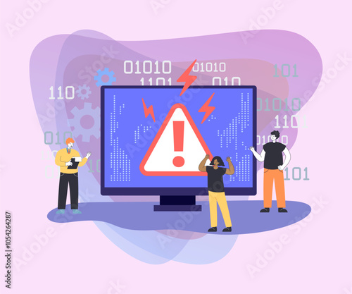 Tiny programmers next to screen with error vector illustration. Cartoon drawing of monitor with warning symbol, confused people. Technology, programming, development, tech support concept