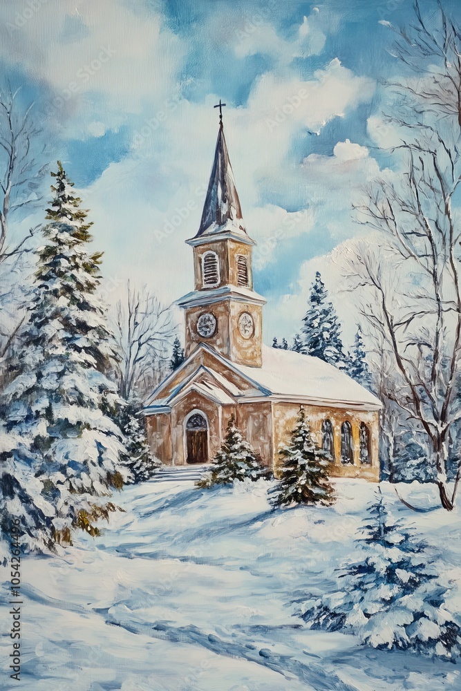 Fototapeta premium A serene winter scene featuring a church surrounded by snow-covered trees under a blue sky.