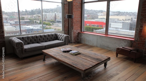 Living area with reclaimed wood coffee table, metal-framed couch, and industrial lighting for a true loft feel.