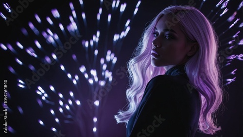 Side view woman posing in purple light
