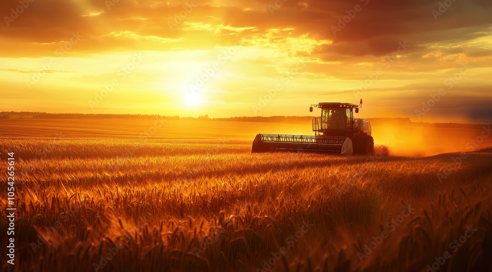 Fototapeta premium tractor harvesting wheat in golden field at sunset, creating serene and productive atmosphere