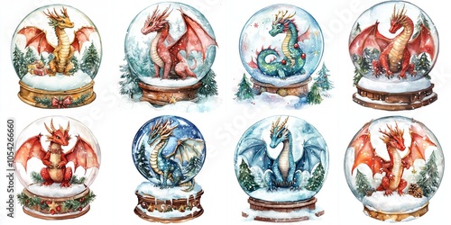 A whimsical watercolor illustration of eight dragons nestled inside snow globes, each with unique colors and designs, celebrating the magic of Christmas. photo