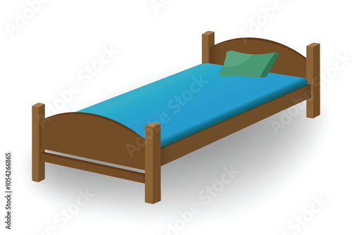 Simple wooden bed with a blue mattress and a green pillow, minimalistic and cozy design