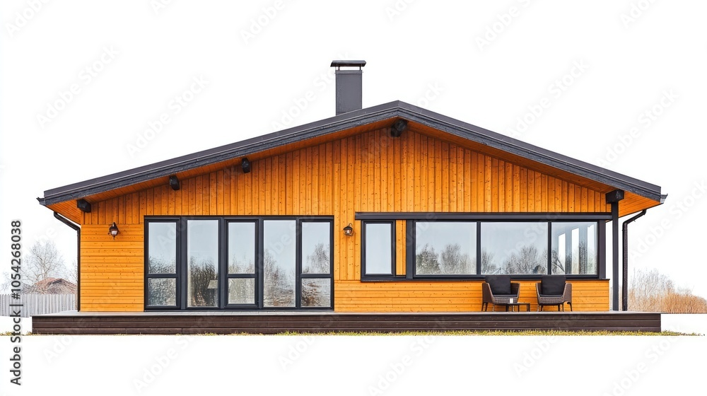 Fototapeta premium Nordic Style House with Wooden Accents - A Nordic-inspired house isolated on a white background, with wooden paneling, large glass windows, and a warm, earthy color scheme. The home has an inviting, 
