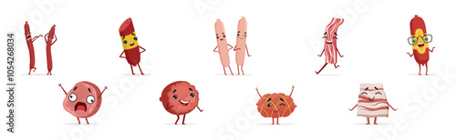 Humanized Meat Product Character with Face and Arms Vector Set