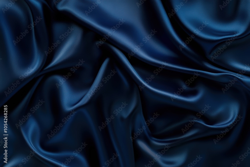 Fototapeta premium Stylish dark blue satin textile: glossy silk substance for rich elegant backdrop with design area. Wide banner layout for celebrations such as anniversaries and holidays - overhead perspective