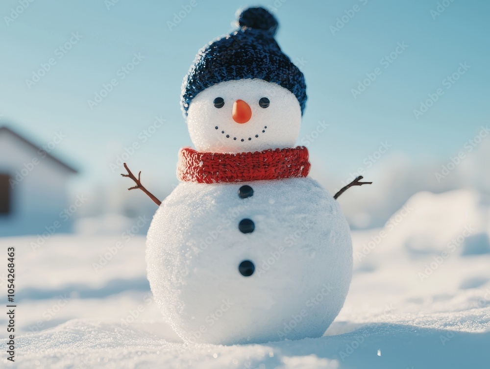 Obraz premium Cheerful snowman wearing a hat and scarf in a snowy landscape under a clear blue sky.