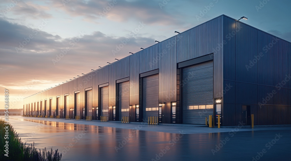 Fototapeta premium Modern industrial warehouse with large loading bays at sunset