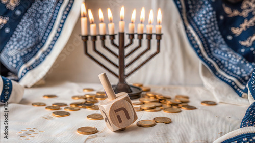 Hanukkah setup featuring a wooden dreidel, gelt coins, and a lit menorah