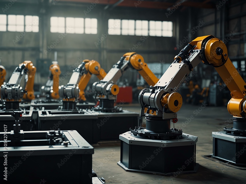 Robotic arms working in an industrial setting. Robotic arms working in an industrial setting.