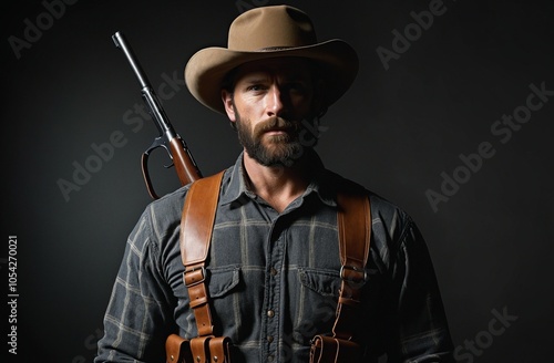 Rugged Hunter with Rifle in Shadowed Setting