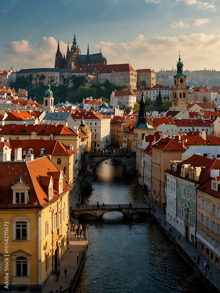 Obraz premium Scenic Prague view with historic architecture.