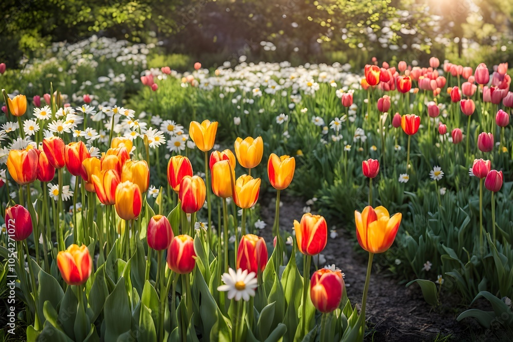 Fototapeta premium Sunlit garden filled with tulips and early summer daisies with birds chirping, Ai Generated