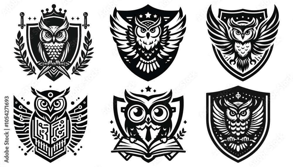 Fototapeta premium Black and white owl crests vector illustration, ornate emblems, perfect for branding designs