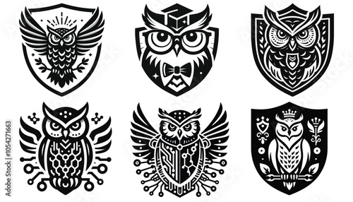 Black and white owl emblems, vector illustrations, wisdom symbolism, perfect for logos photo