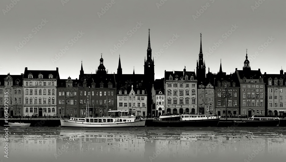 Obraz premium Silhouette of Stockholm illustrated against white.