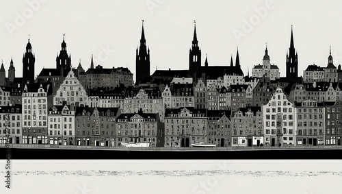 Silhouette of Stockholm illustrated against white.