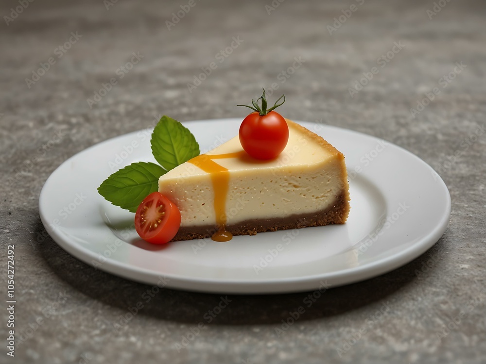 Slice of cheesecake accompanied by fresh tomato on a simple plate. Slice of cheesecake accompanied by fresh tomato on a simple plate.