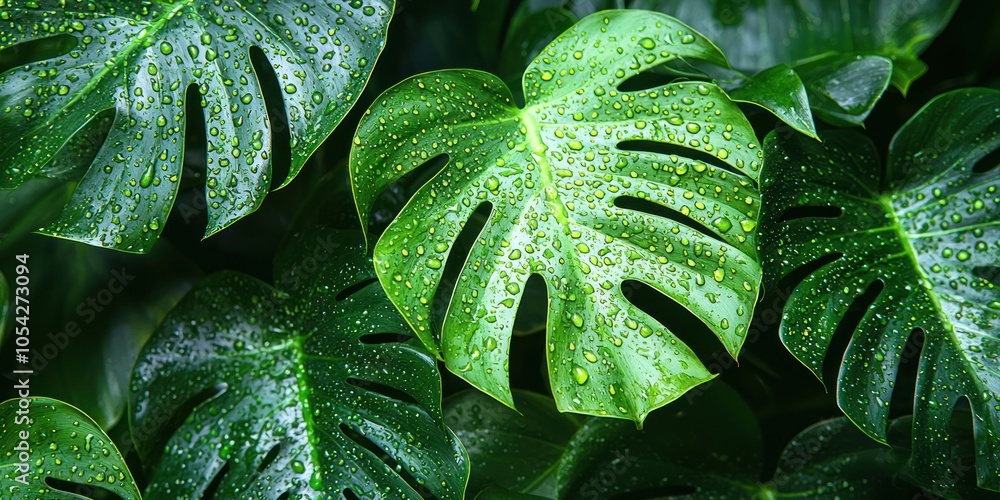 Fototapeta premium Close-up of Lush Green Leaves Covered in Water Droplets
