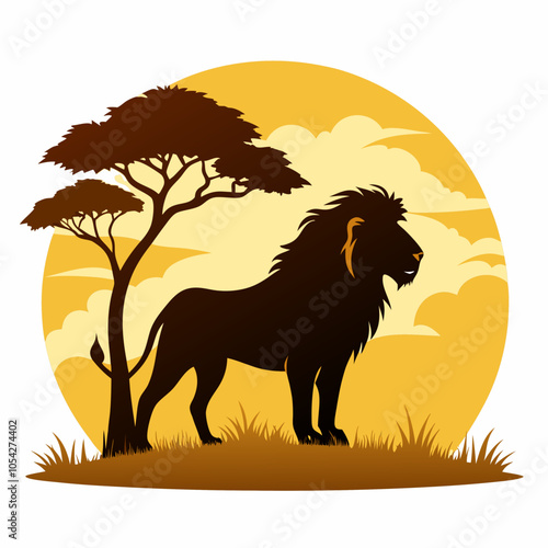 Lion silhouette in savanna on white background