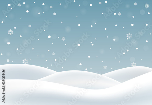 Winter snowy landscape. Hills with snowdrifts. Blue sky and snowfall. Invitation design. Vector empty background for design.