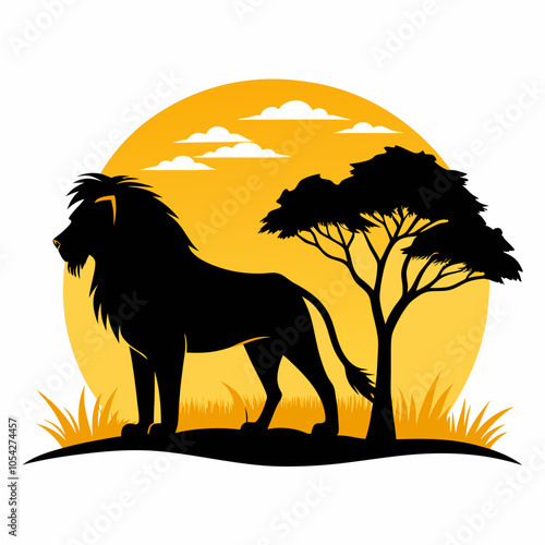 Lion silhouette in savanna on white background