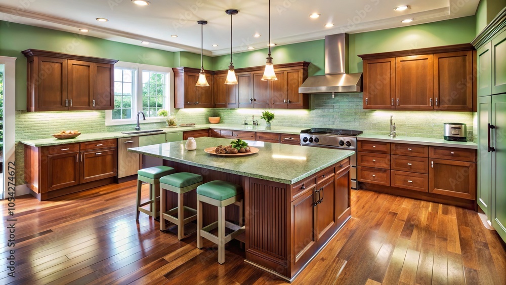 Fototapeta premium Warm kitchen with mint green walls, cherry wood cabinets, and a large central island