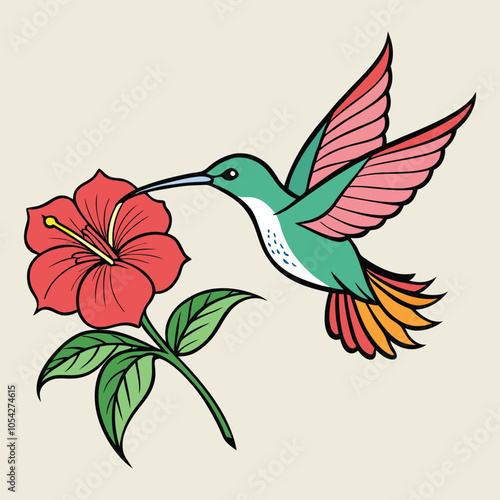 A delicate hummingbird sips nectar from a hibiscus