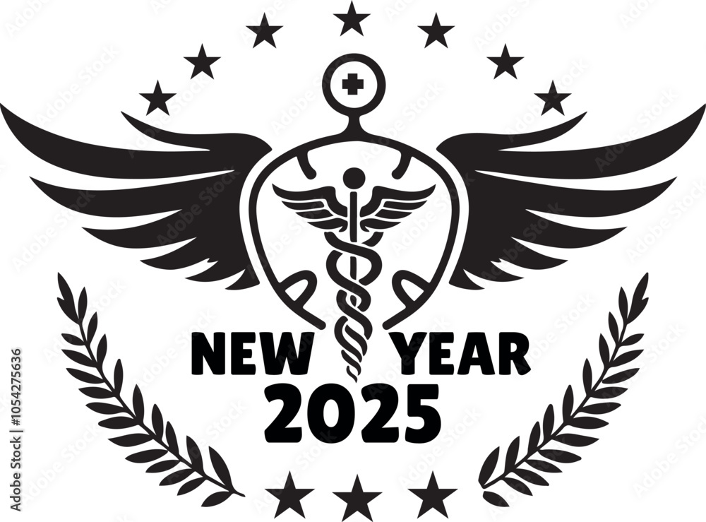 Obraz premium Happy New Year 2025 Medical Logo with Wings silhouette vector design