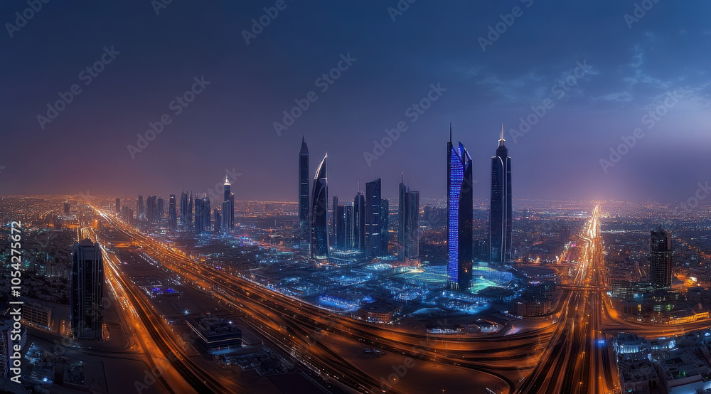 Fototapeta premium stunning panoramic view of modern city skyline at night, showcasing illuminated skyscrapers and vibrant city lights. scene captures energy and beauty of urban life