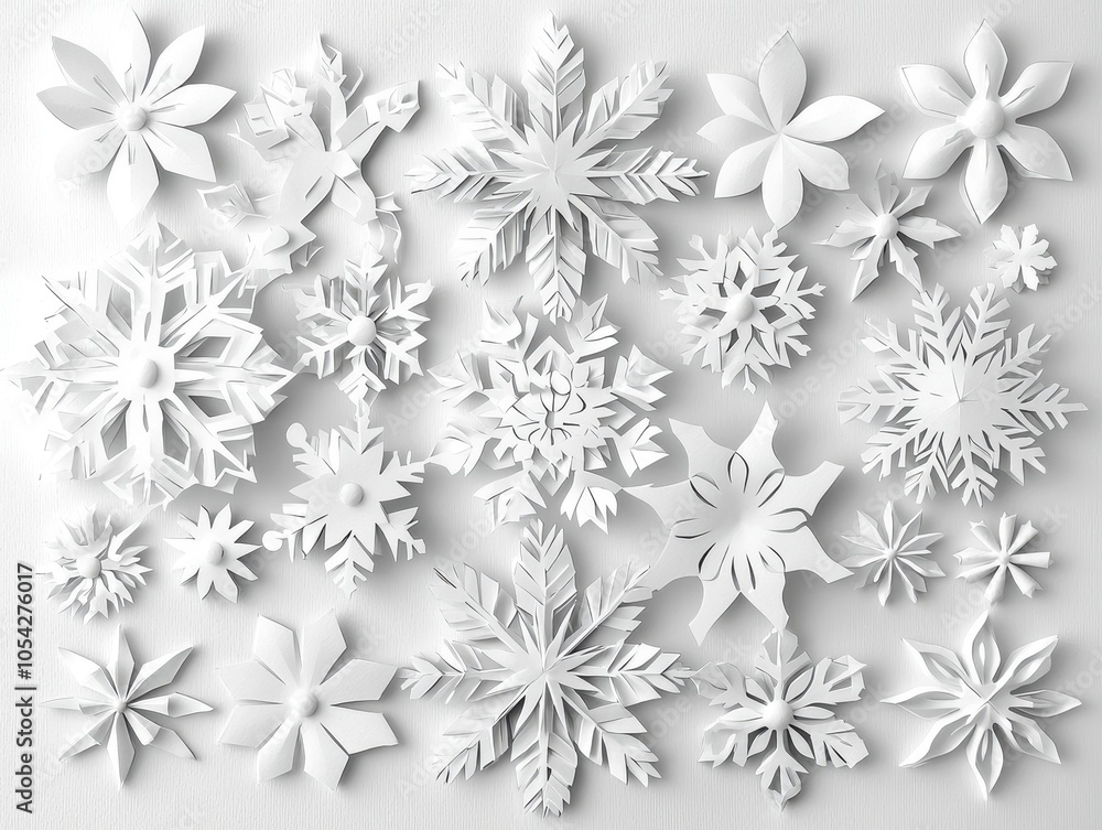 Collection of intricate white paper snowflakes on a white background. Collection of intricate white paper snowflakes on a white background.
