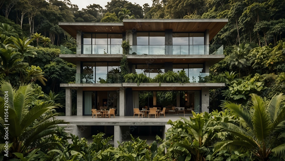 Fototapeta premium Two-story house surrounded by lush greenery.