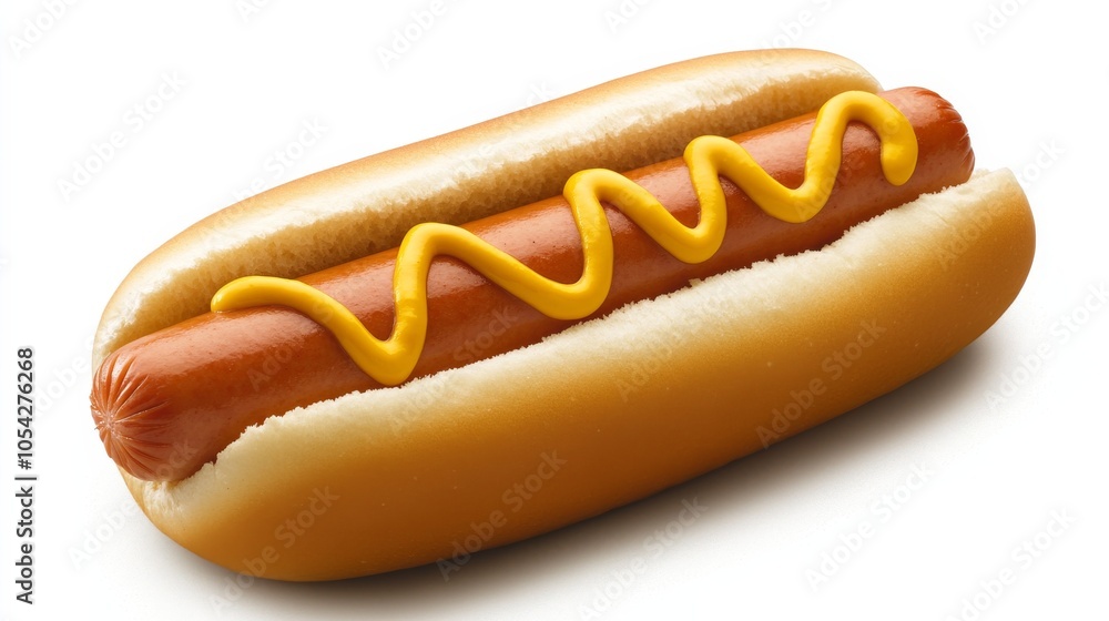 Hot dog with mustard on white background, classic fast food concept Hot dog with mustard on white background, classic fast food concept