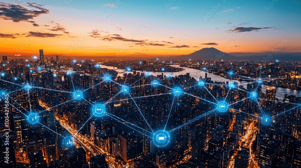 Connected Cityscape with Illuminated Buildings and Interconnected Networks at Twilight Connected Cityscape with Illuminated Buildings and Interconnected Networks at Twilight