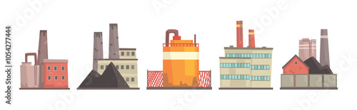 Industrial Plant and Factory Building with Chimney Vector Set