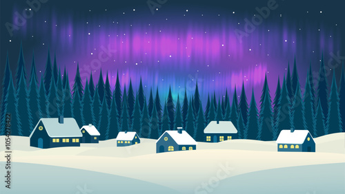 Beautiful night winter landscape of forest, village and stunning northern lights. Winter forest, trees, snowdrifts, houses and amazing night sky with stars and aurora borealis. Christmas Eve.