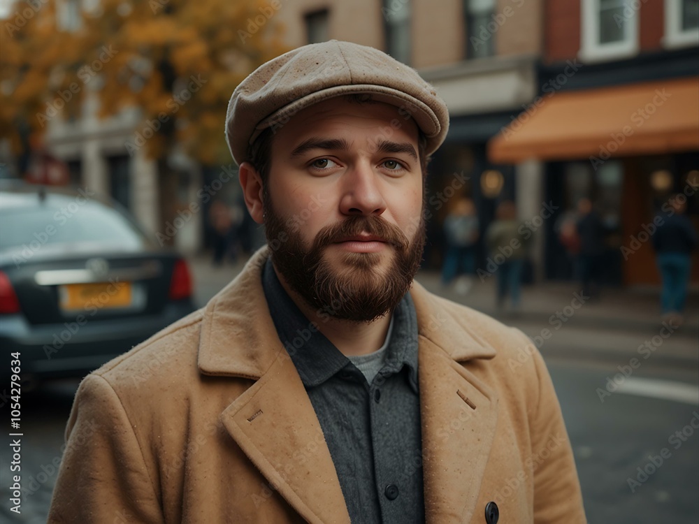 A bearded man in a grey hat and camel coat standing on a city street in autumn fashion. A bearded man in a grey hat and camel coat standing on a city street in autumn fashion.