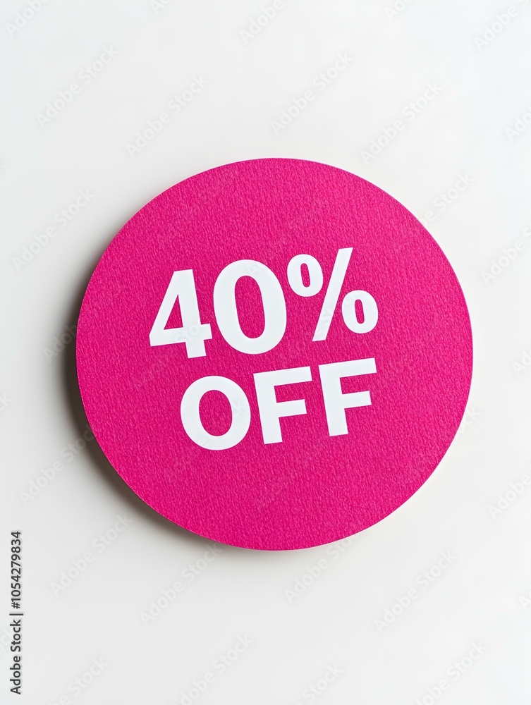 White '40% OFF' Text on a Magenta Round Paper Note. White Background White '40% OFF' Text on a Magenta Round Paper Note. White Background